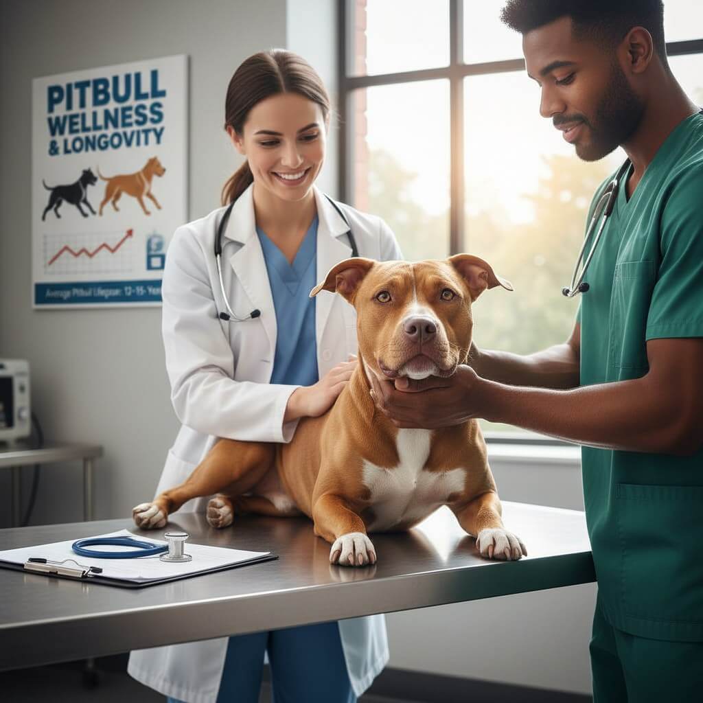 American Pit Bull Terrier at veterinary checkup representing pitbull health and lifespan