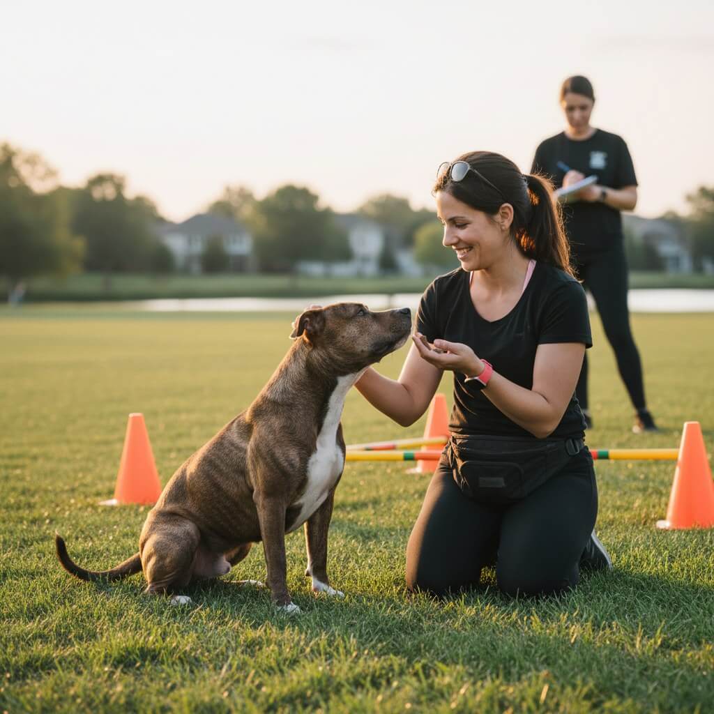 American Pit Bull Terrier in obedience training session with handler showing positive reinforcement