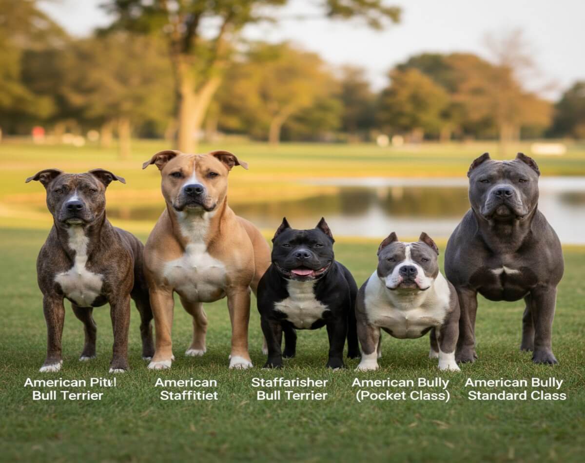 American Pit Bull Terrier standing next to other pitbull type breeds side by side comparison