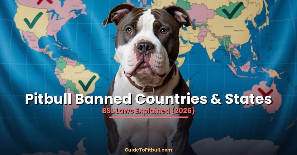 Pitbull dog sitting in front of world map showing banned countries with red X and allowed countries with green checkmarks for BSL laws 2026