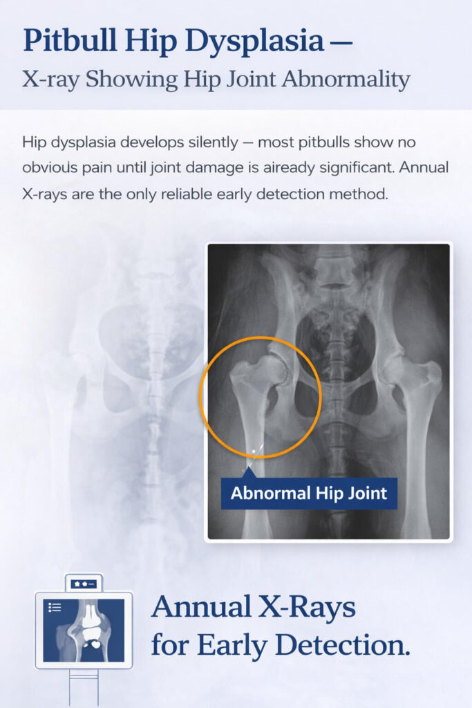 Pitbull hip dysplasia — X-ray showing hip joint abnormality