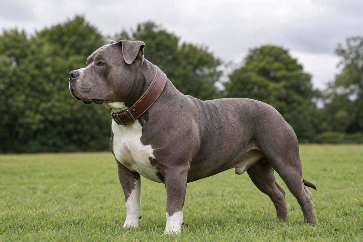 Adult XL Bully dog standing side-on in a UK park showing its broad head, deep chest and muscular build